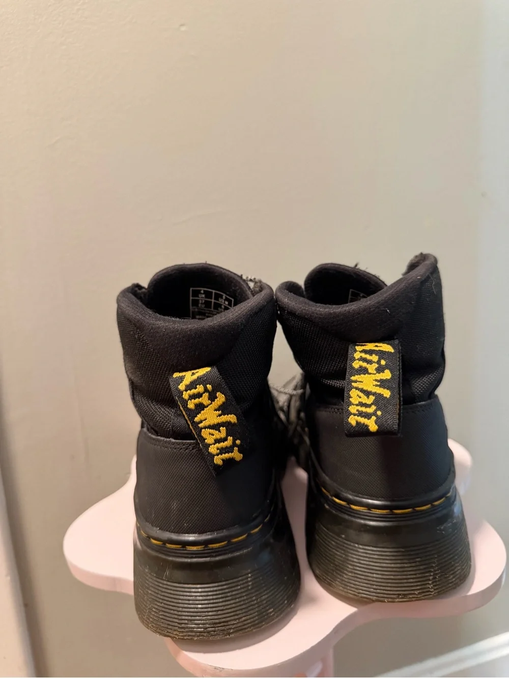 Dr. Martens Black Platform Lug Boots with Yellow Stitching